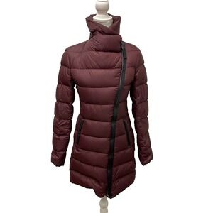 Mackage Puffer Coat Womens XS Burgundy Red Mid Length Quilted High Neck Gorpcore